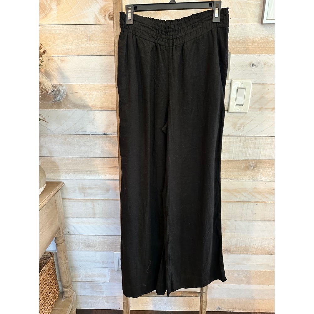A New Day Black Linen Blend Wide Leg Smocked Waist Pants Small Regular NWT